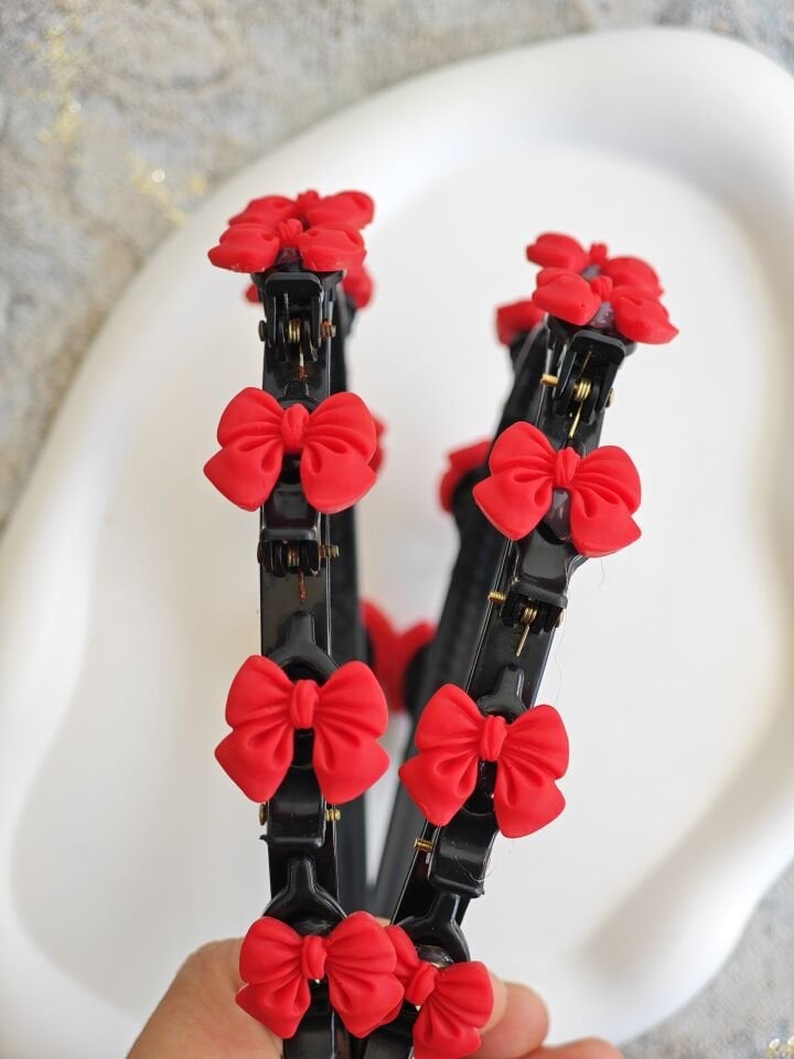 KIRMIZI KADİFE FİYONK MODEL PENS MANDALLI SAÇ BÜKÜCÜ TAÇ