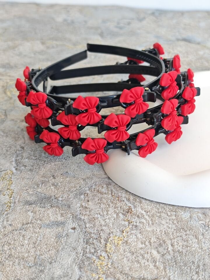 KIRMIZI KADİFE FİYONK MODEL PENS MANDALLI SAÇ BÜKÜCÜ TAÇ