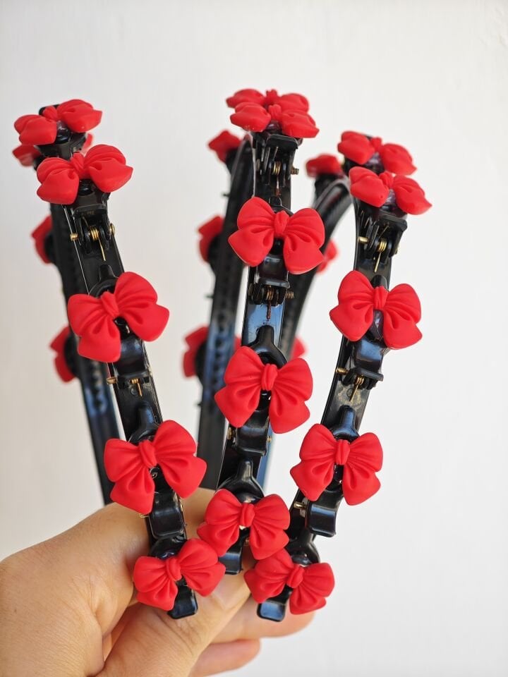 KIRMIZI KADİFE FİYONK MODEL PENS MANDALLI SAÇ BÜKÜCÜ TAÇ