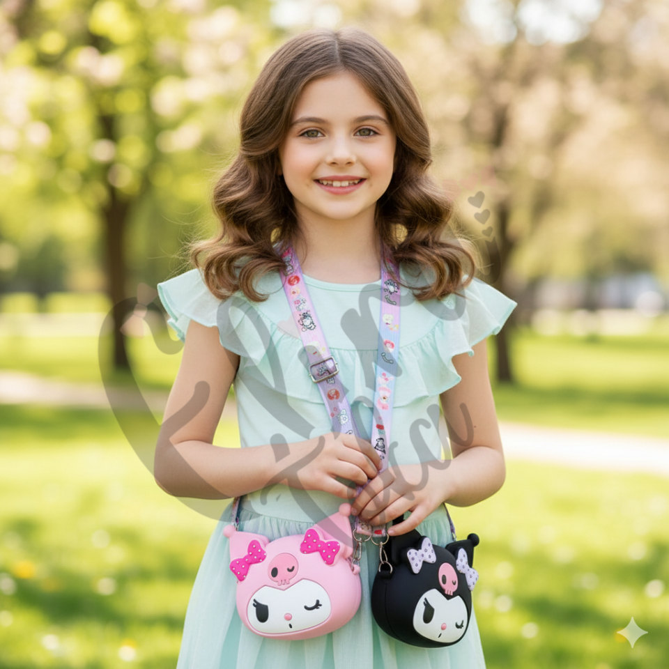 Kuromi Tarzı Çapraz Askılı Silikon Çocuk Çantası - 3 Renk (Pembe, Mor, Siyah)