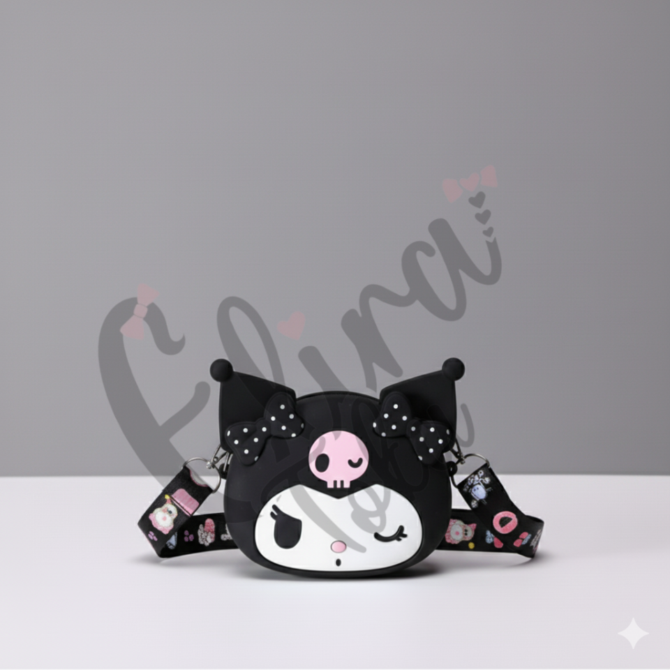 Kuromi Tarzı Çapraz Askılı Silikon Çocuk Çantası - 3 Renk (Pembe, Mor, Siyah)
