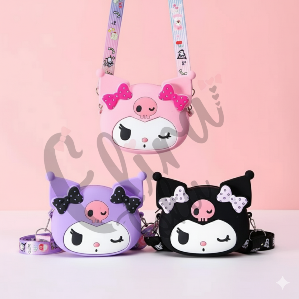 Kuromi Tarzı Çapraz Askılı Silikon Çocuk Çantası - 3 Renk (Pembe, Mor, Siyah)
