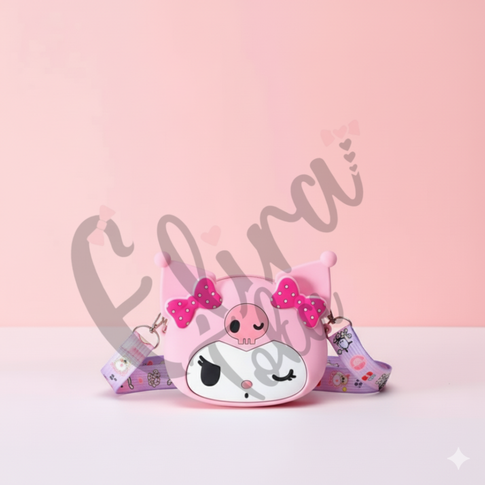 Kuromi Tarzı Çapraz Askılı Silikon Çocuk Çantası - 3 Renk (Pembe, Mor, Siyah)