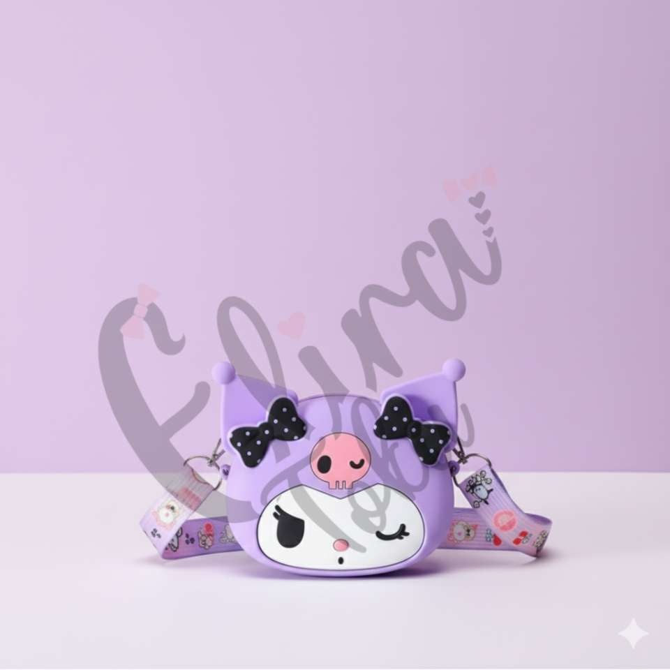 Kuromi Tarzı Çapraz Askılı Silikon Çocuk Çantası - 3 Renk (Pembe, Mor, Siyah)