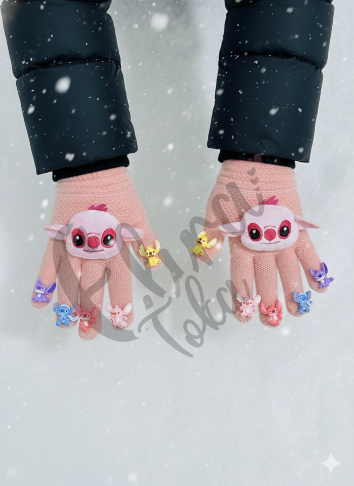 PEMBE RENK STİTCH AKSESUARLI ÇOCUK  ELDİVEN MODELİ