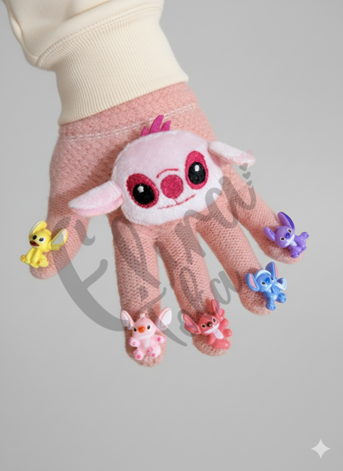 PEMBE RENK STİTCH AKSESUARLI ÇOCUK  ELDİVEN MODELİ