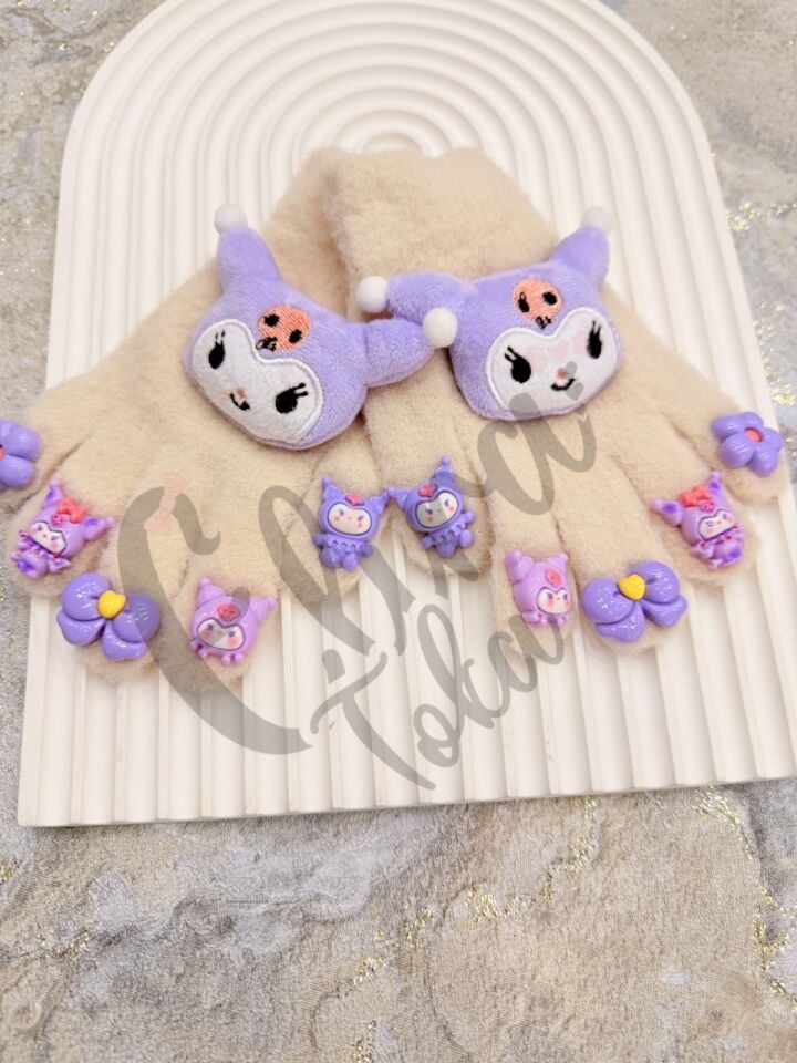 KUROMİ MODEL AKSESUARLI ÇOCUK ELDİVENİ KREM MOR RENK