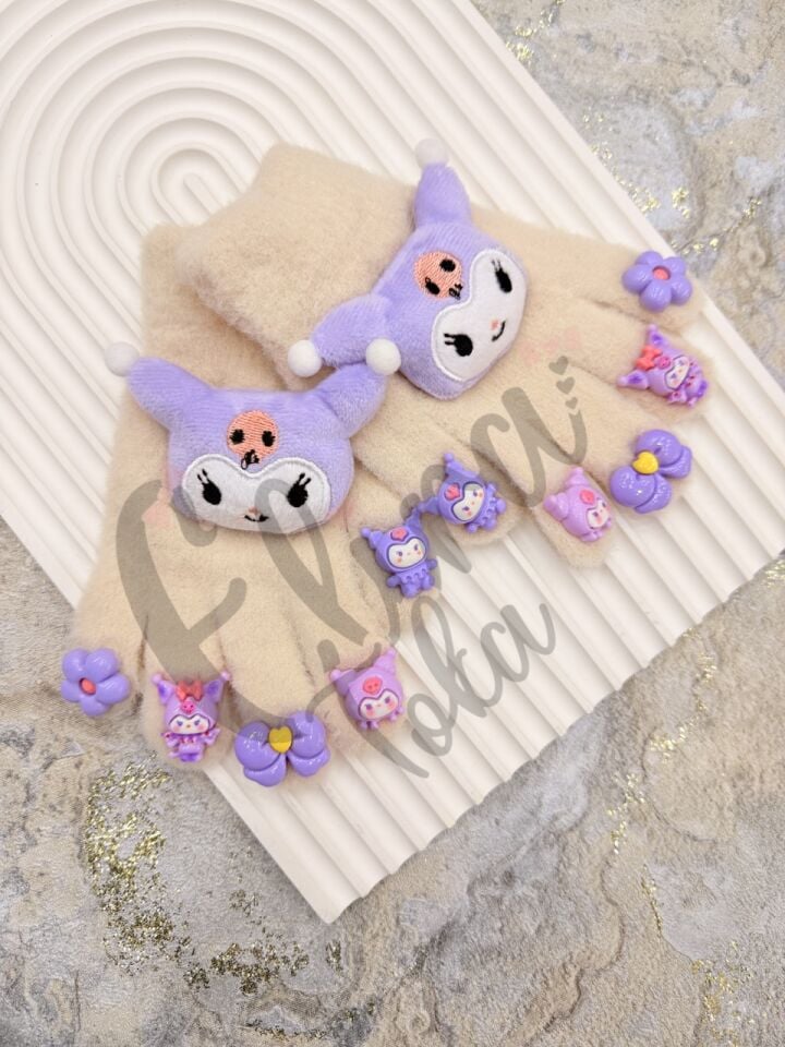 KUROMİ MODEL AKSESUARLI ÇOCUK ELDİVENİ KREM MOR RENK