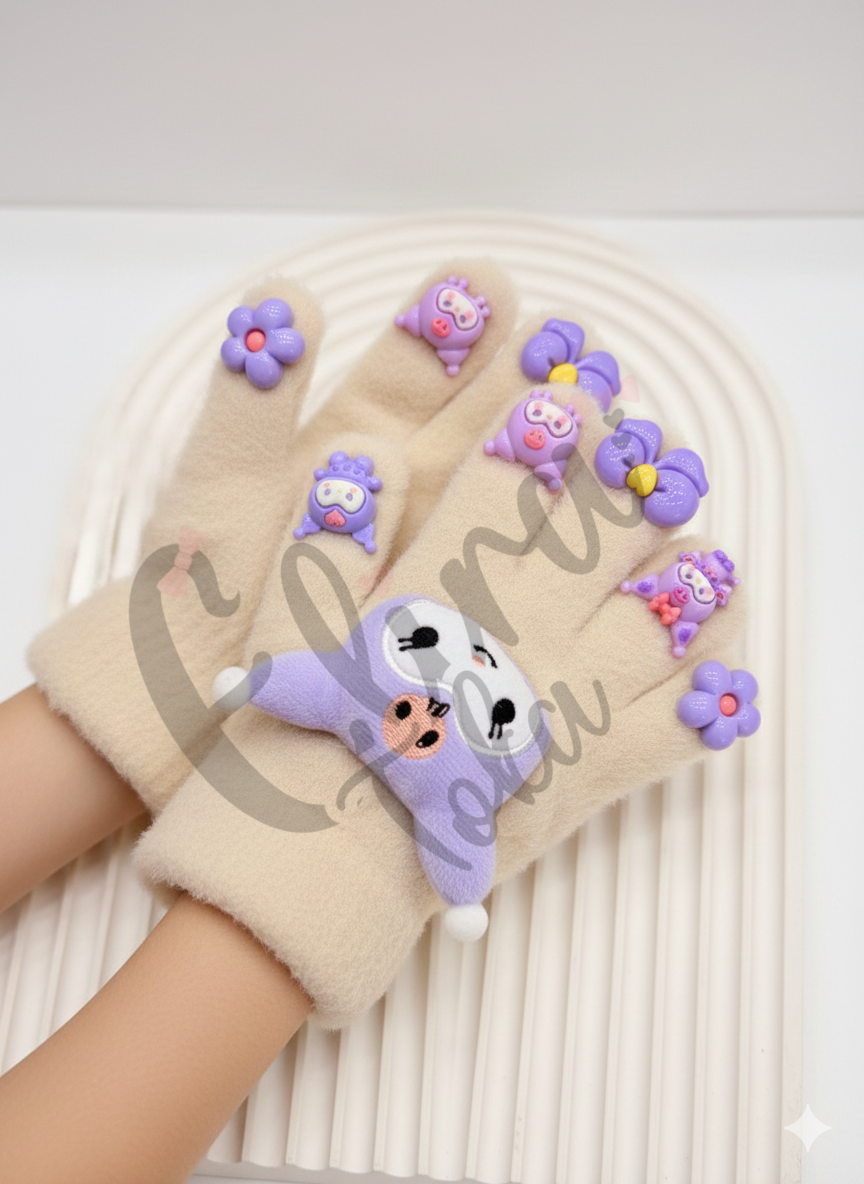 KUROMİ MODEL AKSESUARLI ÇOCUK ELDİVENİ KREM MOR RENK