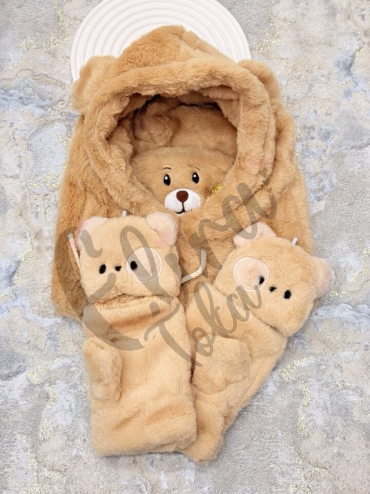 ATKILI ŞAPKALI BERE KAHVE RENK ELDİVENLİ SET