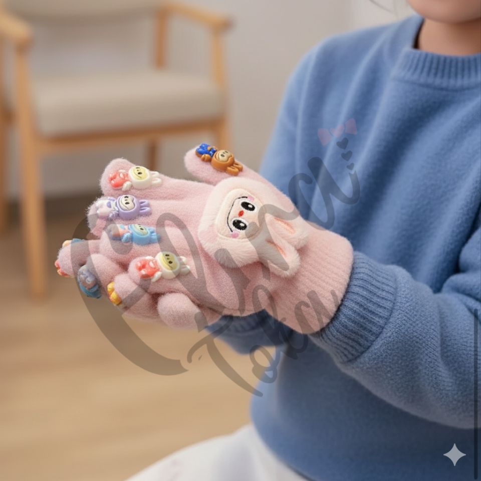 PEMBE RENK KIZ ÇOCUK LABUBU MODEL ÇOCUK ELDİVENİ